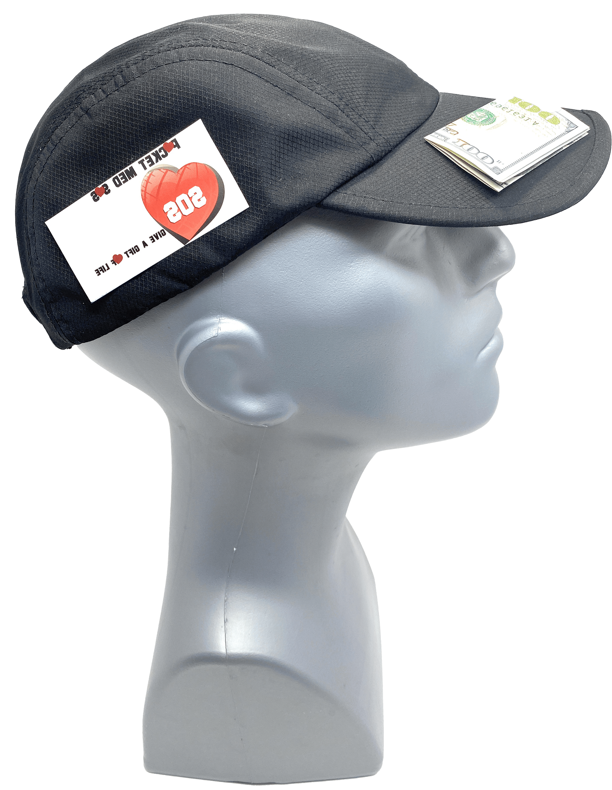 Mannequin wearing a cap with hidden pockets